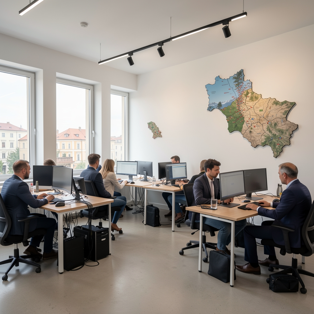Ured portala Tannen u Splitu, moderna radna prostorija s novinarima za stolovima, bijele zidove ukrašava karti Hrvatske i regije