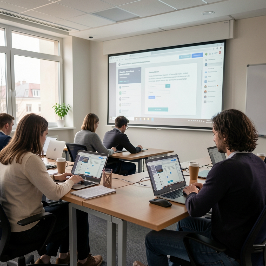 Polaznici online tečaja digitalnog novinarstva koji rade na laptopovima u modernoj novinárskoj učionici s projiciranim digitalnim sučeljima na ekranima