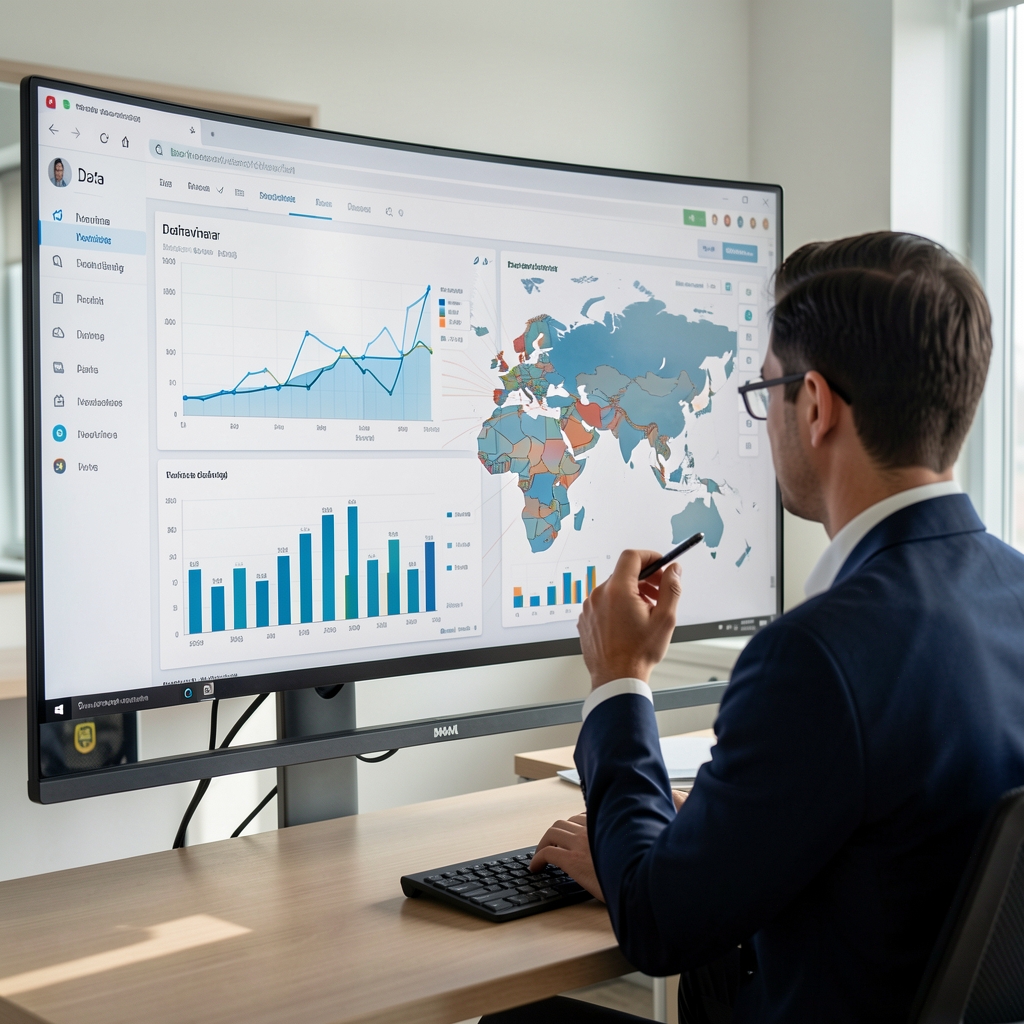Data novinar koji radi na vizualizaciji podataka na velikom monitoru s prikazom interaktivnih grafikona i karata na sučelju za analizu podataka