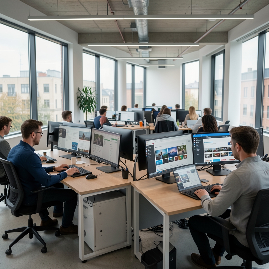 Novinarska redakcija modernog medija s ekranima koji prikazuju digitalne platforme, novinari rade u dinamičnom otvorenom uredu