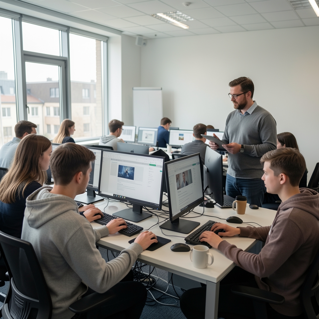 Moderna novinarska učionica u kojoj studenti sjede pred ekranima i rade na digitalnim medijskim projektima pod vodstvom predavača