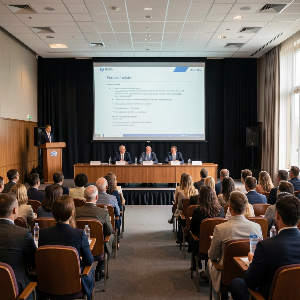 Moderna konferencijska dvorana s publikom od stotinjak sudionika, pozornica s projektijskim platnom i panel govornicima za stolom