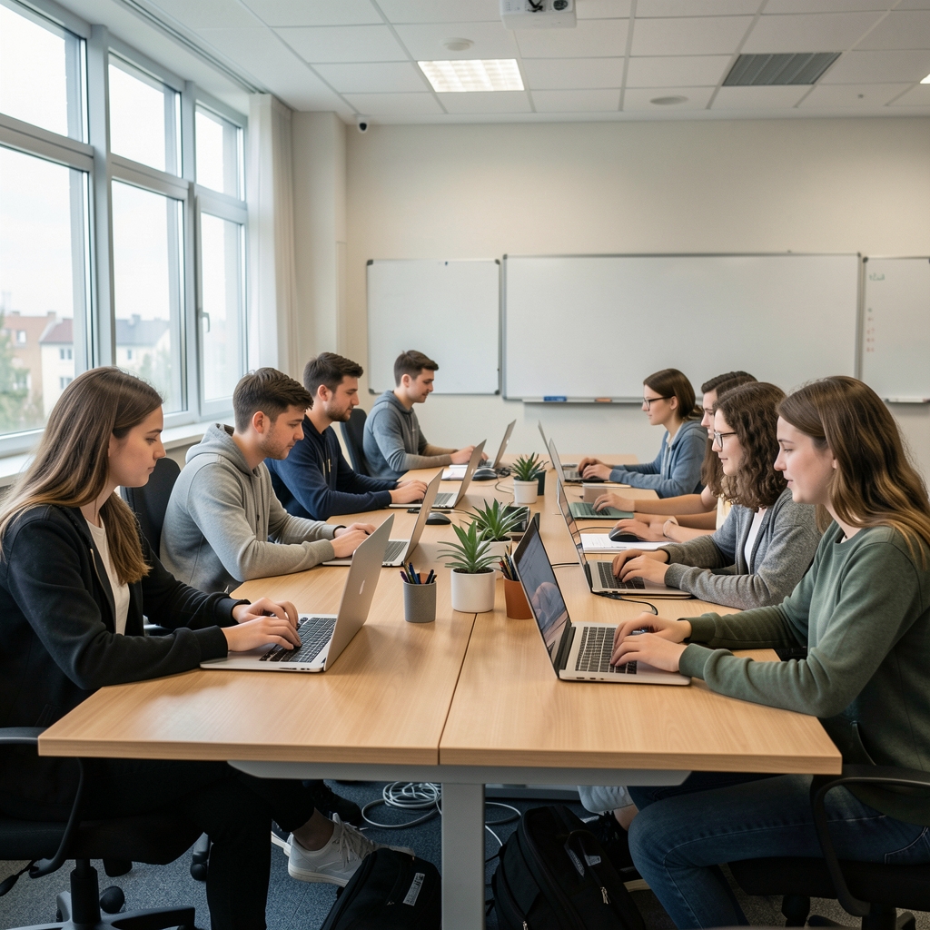 Studenti novinarstva slušaju predavanje u modernoj sveučilišnoj dvorani, bilježe na laptopima