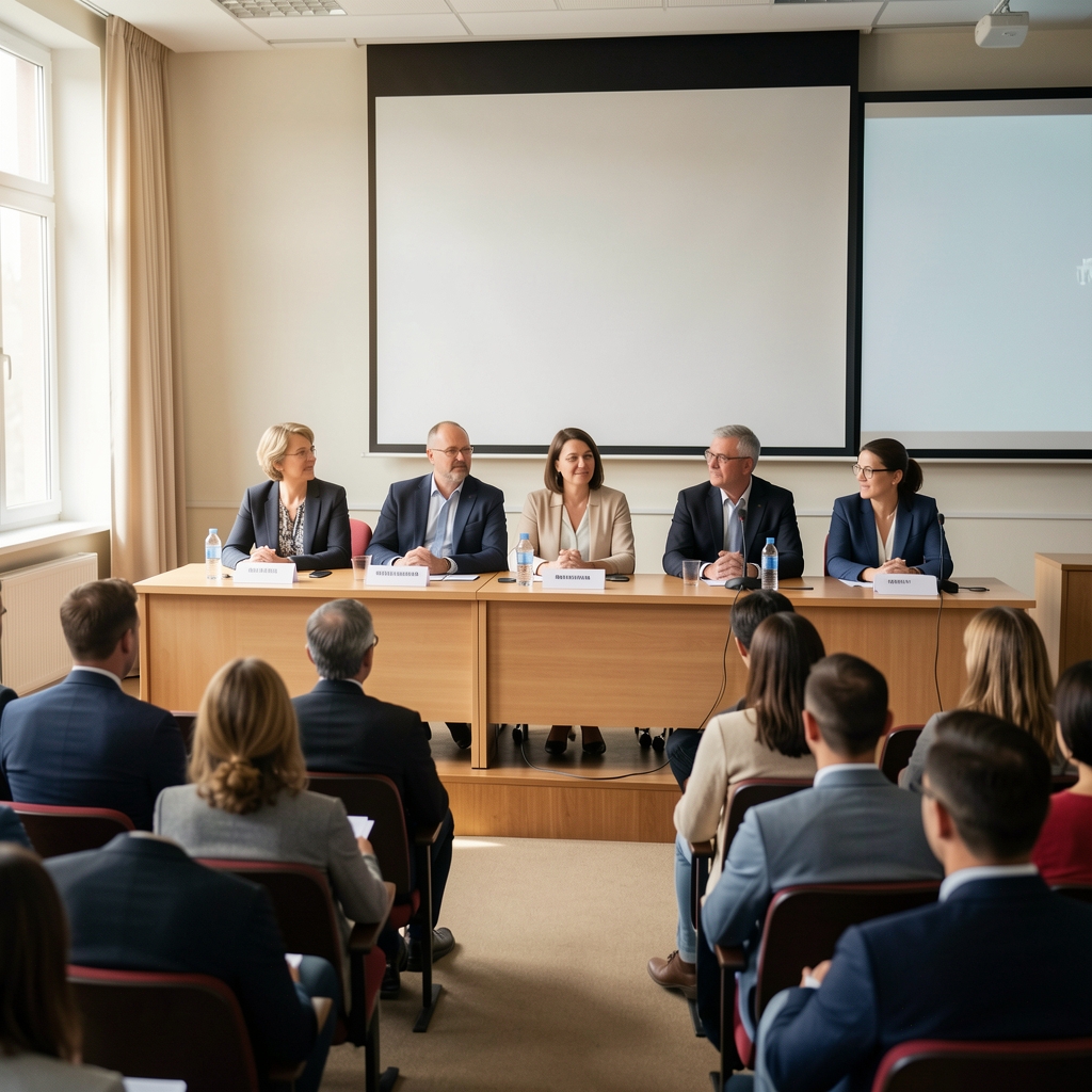 Panel diskusija o medijskoj etici na konferenciji, predavači sjede za stolom ispred publike