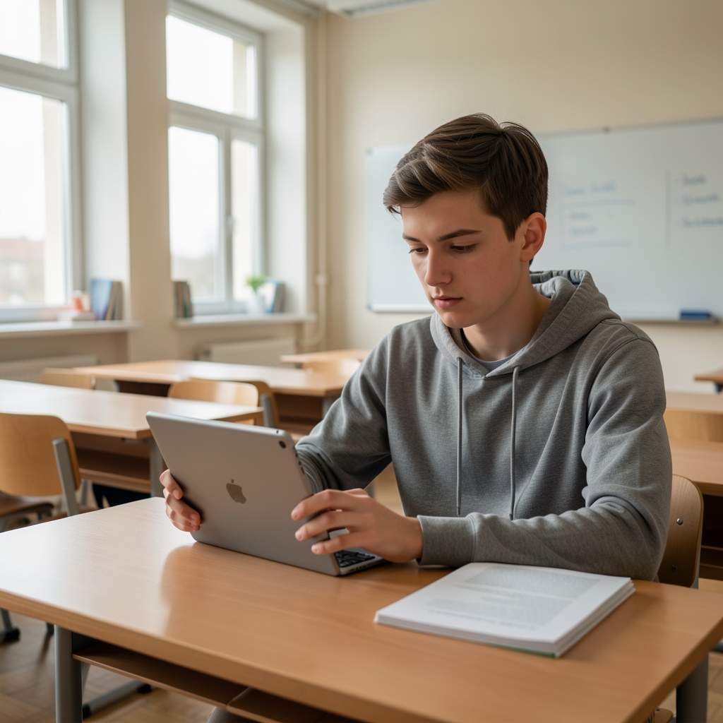 Student novinarstva koji koristi tablet za istraživanje u modernoj učionici