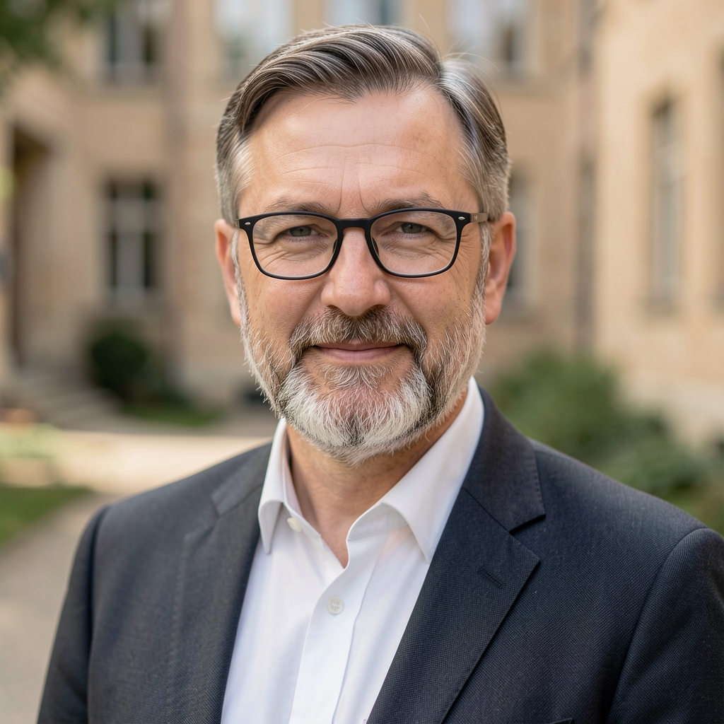 Portret prof. dr. sc. Marka Petrovića, muškarca s naočalama i sivom bradom, u sveučilišnom okruženju, izražajno gleda u kameru